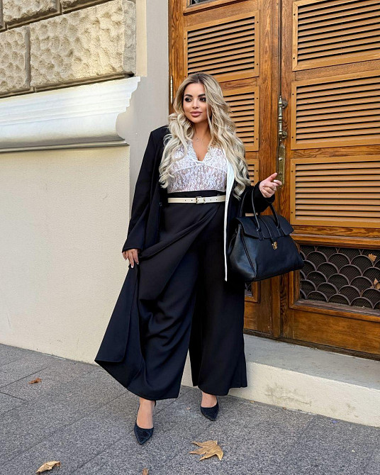 Женские базовые брюки с имитацией юбки костюмка Черный, 56/58 Одесса - изображение 6