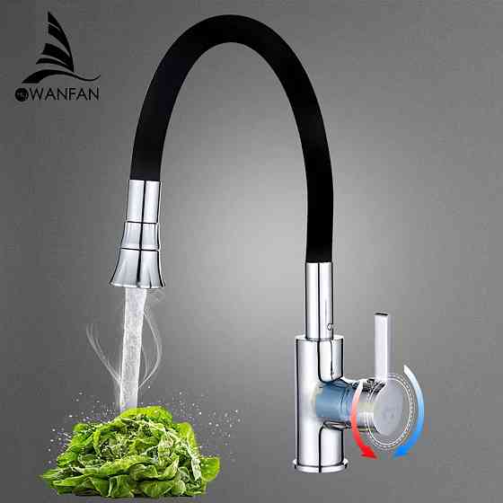 Смеситель кухонный с гибким изливом, однорычажный кран для раковины с аэратором WanFan Черный-Хром Каменец-Подольский