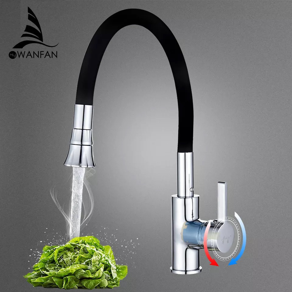 Смеситель кухонный с гибким изливом, однорычажный кран для раковины с аэратором WanFan Черный-Хром Каменец-Подольский - изображение 2