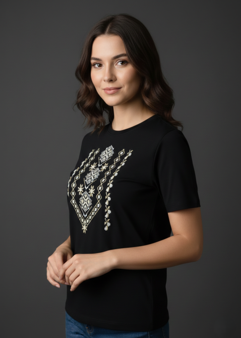 Женская футболка - вышиванка в черном цвете с крупным орнаментом Киев - изображение 2