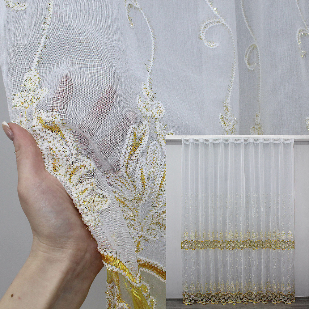 Тюль VR-Textil 770т Батист з вишивкою Білий з золотистим 300х270 см (40-979) Київ - фото 1
