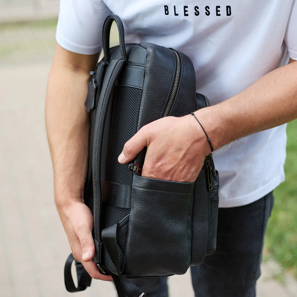 Классический черный мужской рюкзак из натуральной кожи деловой, офисный, для ноутбука Киев - изображение 8