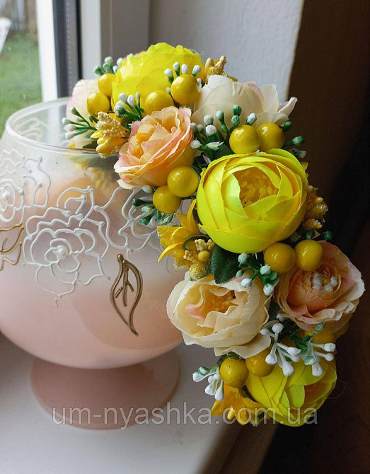 Ободок обруч з квітами "Піони середній жовтий" Кривий Ріг - фото 2
