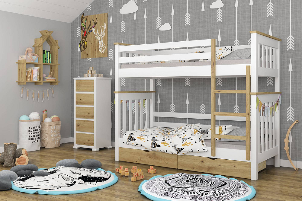 Двухъярусная детская кровать Mebigrand Скандинавия Мини Белый (RAL9003) + Орех светлый 90х200 см с ящиками (DMBG-2368) Днепр - изображение 1