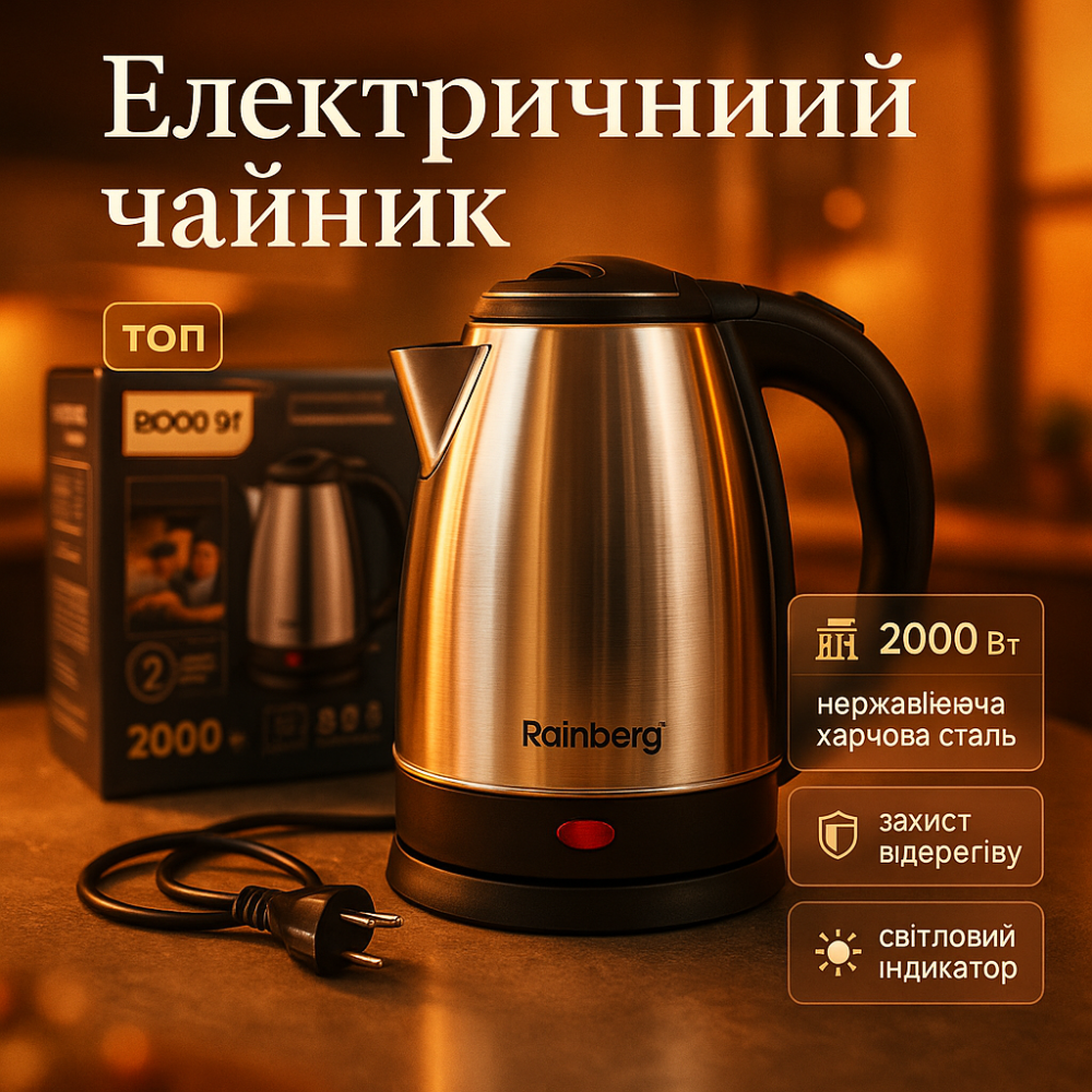 Тихий бытовой чайник Rainberg, Удобный электрический чайник для кухни Мощный электрический ND-47 Львов - изображение 13