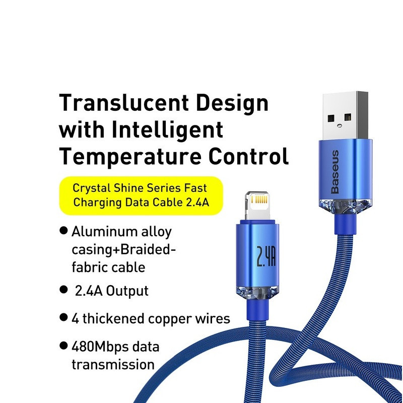 Кабель Baseus Crystal Shine Series Fast Charging Data Cable USB to iP 2.4A 2m Blue Одеса - фото 3