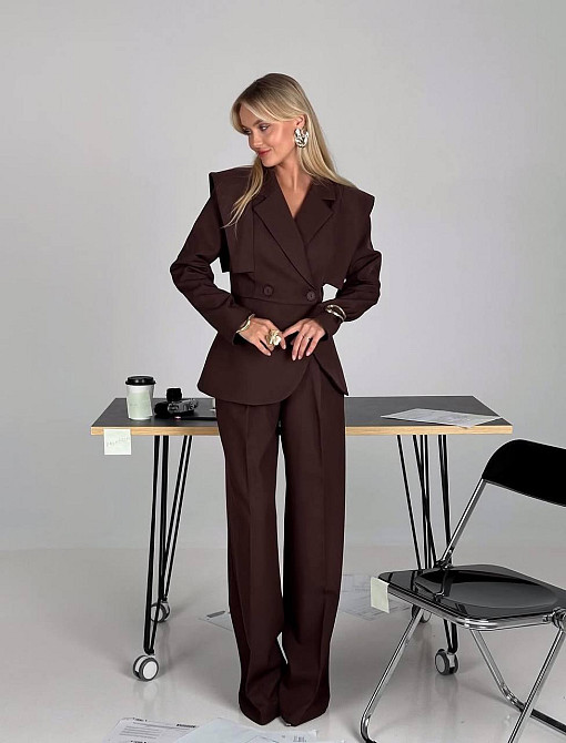 Женский стильный брючный костюм двойка: пиджак и штаны костюмка Шоколадный, 42/44 Одесса - изображение 2