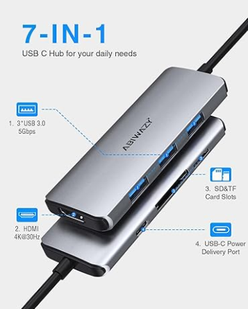 Док-станция хаб Abiwazy 8 в 2 для MacBook Pro и MacBook Air, USB-C адаптер с 2 HDMI, 3 USB 3.0, PD 100W, SD/TF, цвет серый Киев