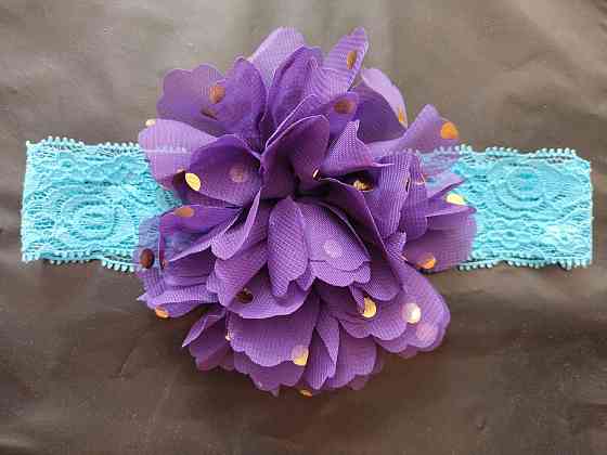 Детская повязка на голову голубой + фиолетовый - окружность головы приблизительно 40-52см, диаметр цветка 10см Киев