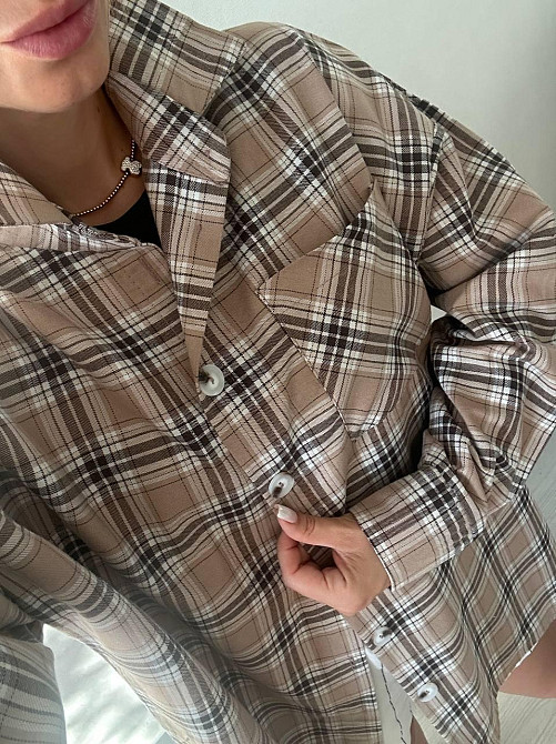 Женская оверсайз рубашка в клетку турецкая фланель Беж 2, 50/56 Одесса - изображение 8