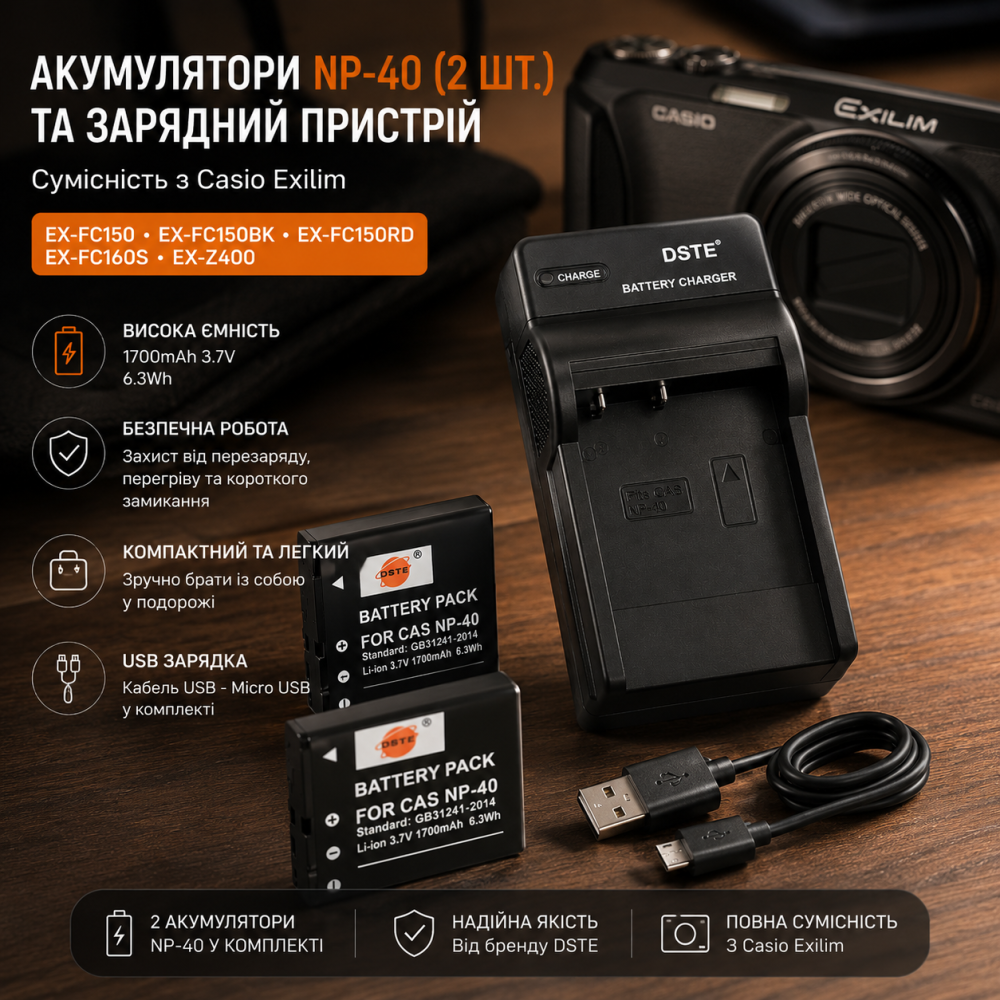 Комплект акумуляторів DSTE NP-40 (2 шт.) та зарядний пристрій для Casio Exilim EX-FC150, EX-Z400, 1700 mAh Київ - фото 1