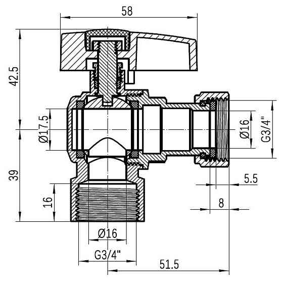 Кран кульовий Thermo Alliance Standart 3/4" В кутовий, PN40, з накидною гайкою TAS223W20 Київ