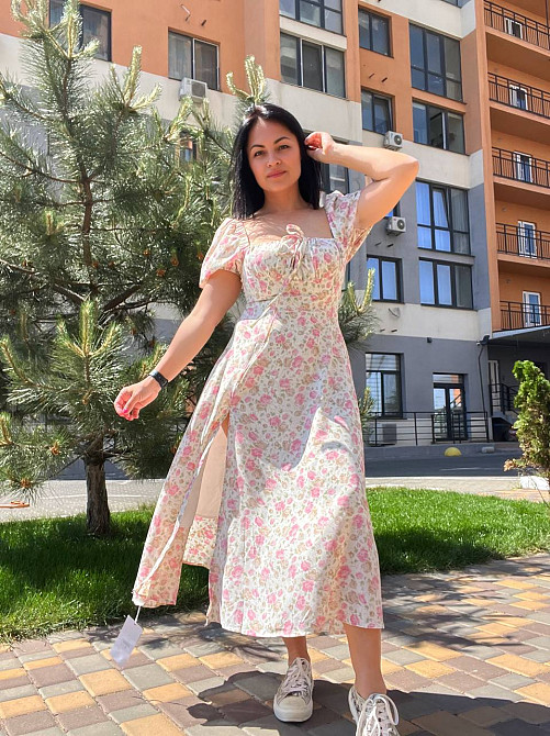Сукня жіноча літня A-N 2669 квітковий принт розріз шнурок на грудях довге рожева, рожевий, M Київ - фото 1