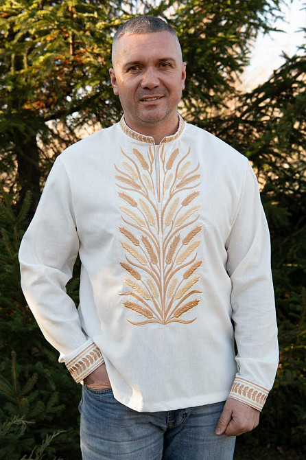 Вишиванка лляна чоловіча, довгий рукав, молочна, топ    62 Київ - фото 1