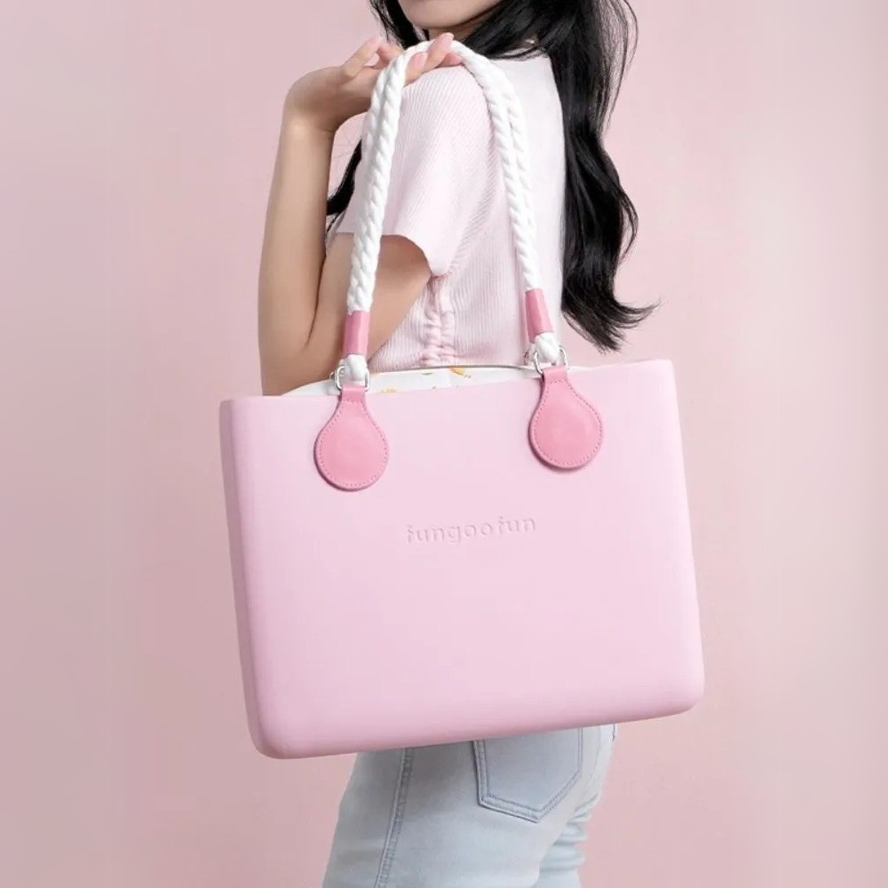 Жіноча сумочка шопер силіконова на плече з двома комплектами ручок з підкладкою на блискавці Fungoofun, рожева Кам'янець-Подільський - фото 2