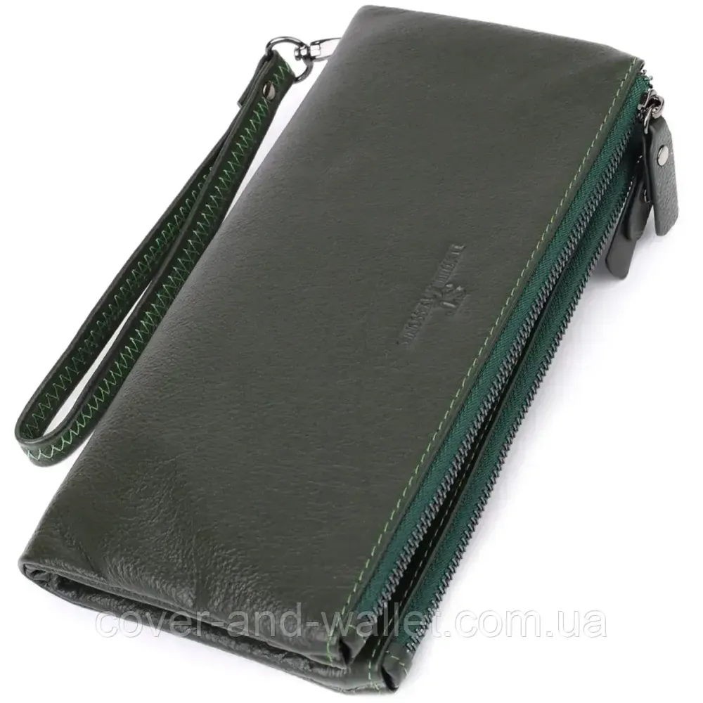 Жіночий шкіряний гаманець-клатч на три відділення зеленого кольору ST 022-1 Київ - фото 1