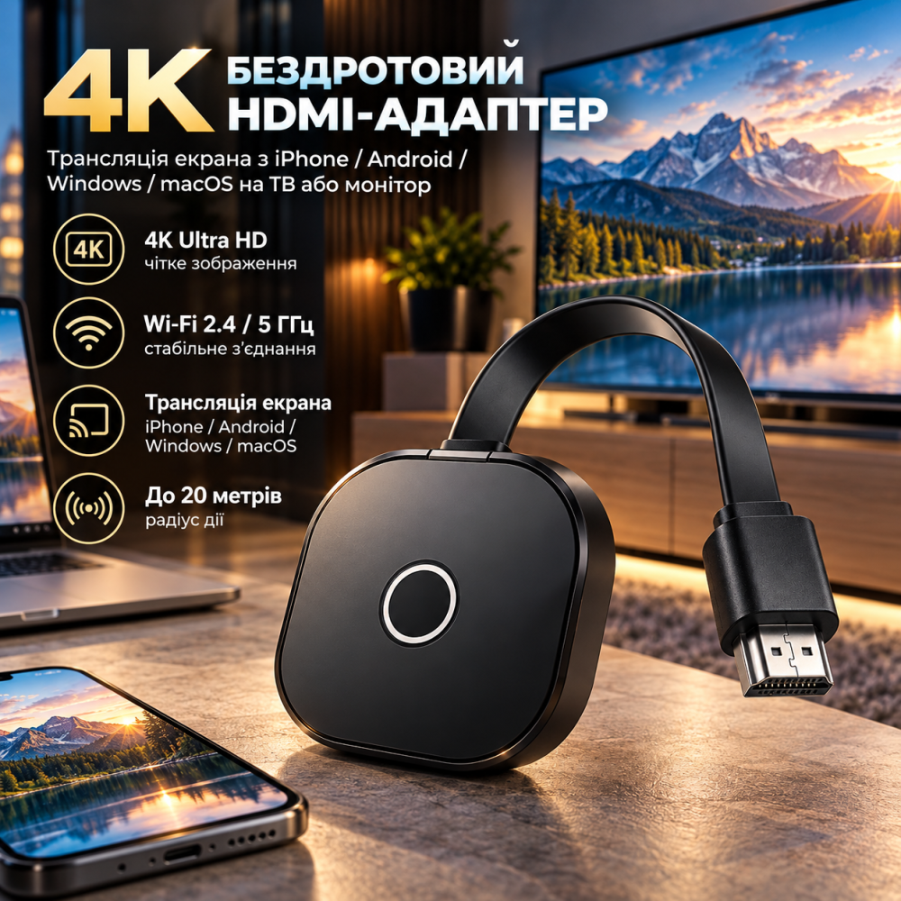 Бездротовий HDMI-адаптер 4K Ultra HD, Wi-Fi 2.4/5 ГГц, трансляція екрана iPhone/Android/Windows/macOS, до 20 м Київ - фото 1