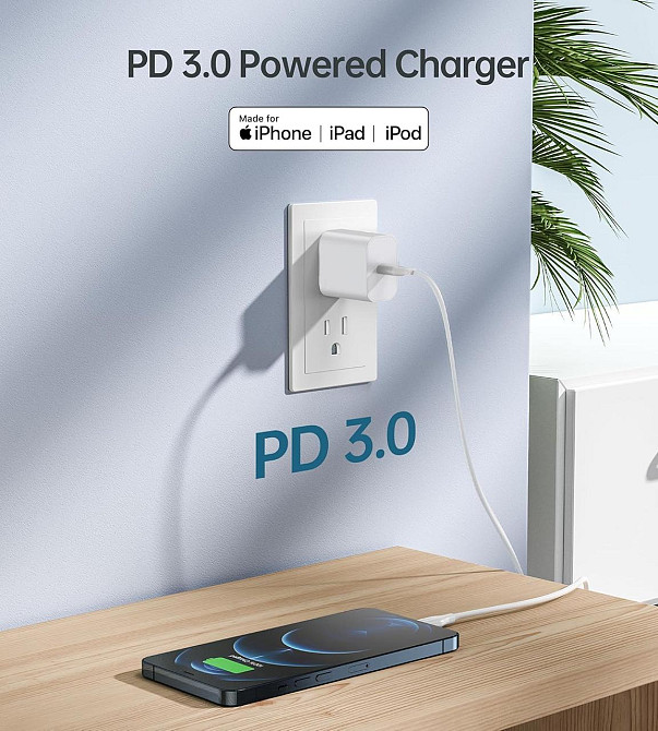 Адаптер USB-C 20W Білий для iPhone 17/16/15/14/13 iPad AirPods Samsung S25/S24/S23 Швидка PD QC3.0 мережевий зарядний адаптер на 2 Київ - фото 4