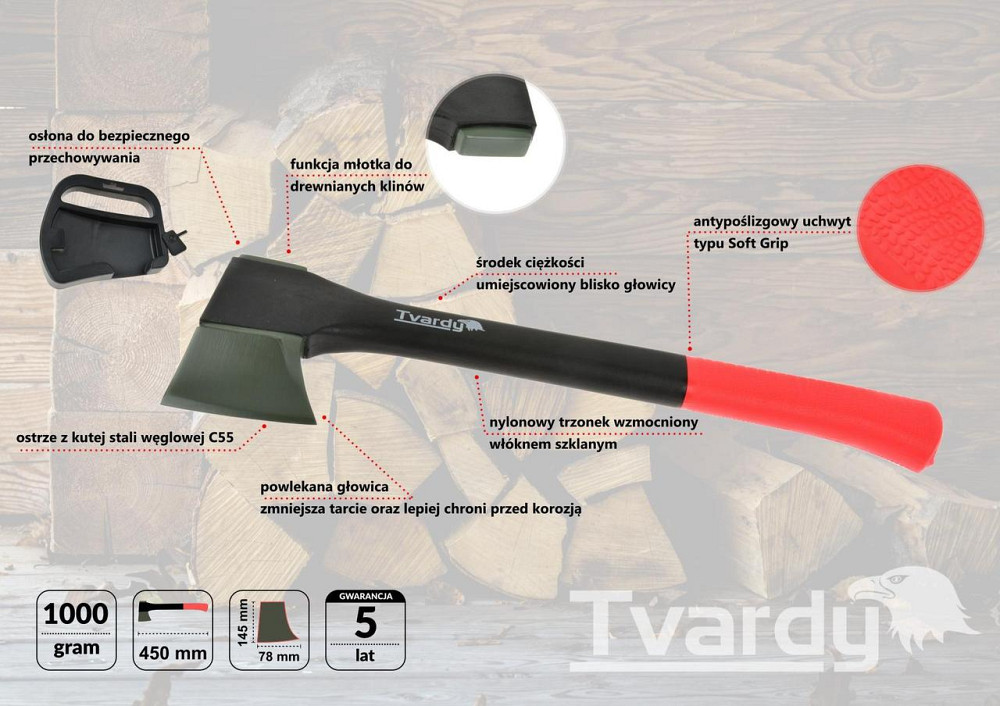 Сокира колун "Tvardy" вагою 1.000г кована з вуглецевої сталі C55 з пустотілим топорищем Киев - изображение 1