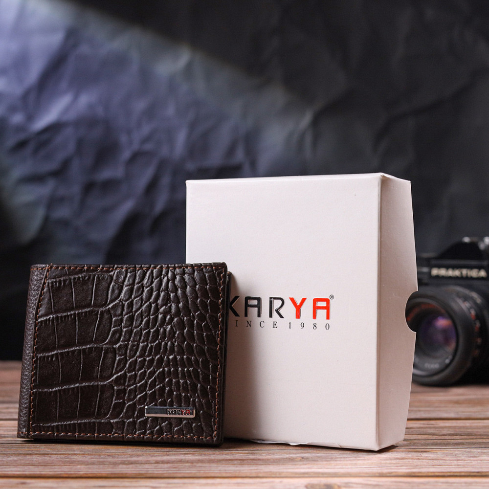 Фактурний чоловічий затиск із монетницею з натуральної шкіри з тисненням під крокодила KARYA 21405 Коричневий Київ - фото 1