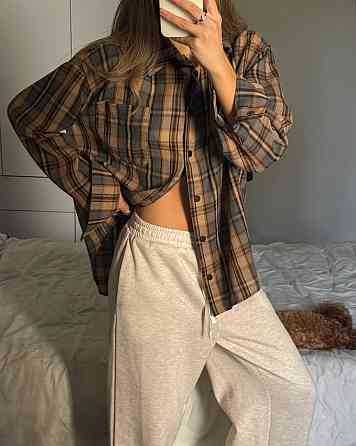 Женская трендовая оверсайз рубашка в клетку турецкий поликотон Песочный Одесса