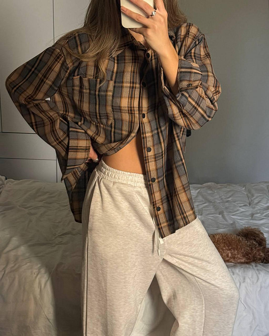 Женская трендовая оверсайз рубашка в клетку турецкий поликотон Песочный Одесса - изображение 1