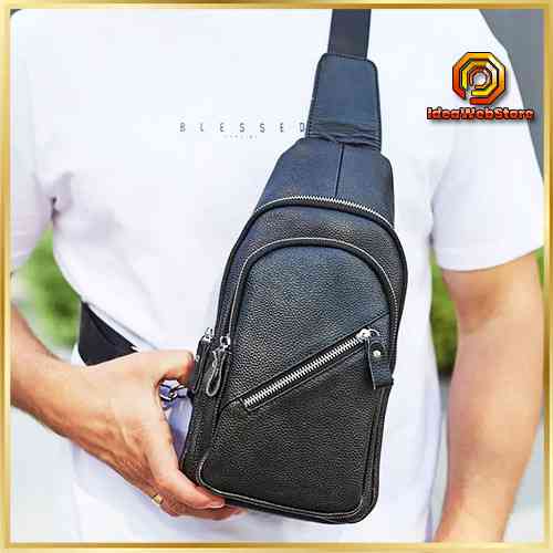 Брендовая мужская нагрудная сумка рюкзак слинг из натуральной кожи молодежная кожаная черная сумочка на плечо Киев