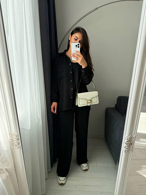 Женский базовый костюм тройка: рубашка майка и штаны креп жатка Черный, 50/52 Одесса - изображение 7