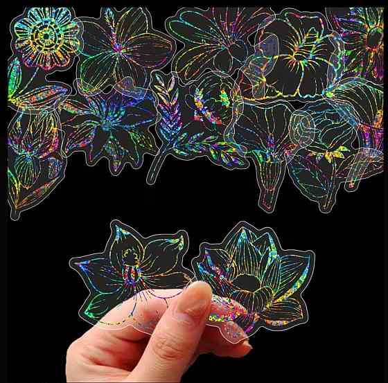 Набор голографических наклеек 50 шт цветы и листья для декора Киев