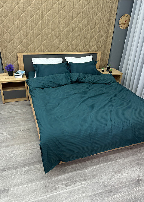 Комплект постельного белья Страйп-сатин Двуспальный 180х220 с простыней на резинке Мурена (88-165) Киев - изображение 4