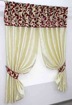 Кухонные шторы VR-Textil № 073к с ламбрекеном и подхватами светло-золотистый с бордовым 270х170 см (52-0161) Киев