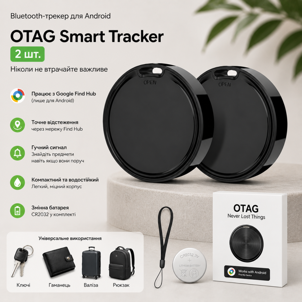 Комплект Bluetooth-трекеров GLOBELEC (2 шт.) для Android: Поиск ключей и багажа через Google Find Hub, IP65, Black Киев - изображение 1
