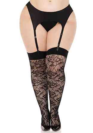 Панчохи Leg Avenue Wild rose net thigh highs, 1X/2X, чорні, широка резинка, малюнок-троянди Sex Aura Київ