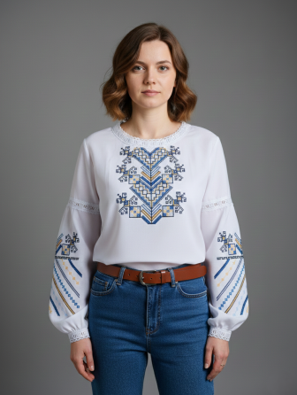 Женская вышиванка на домотканном холсте Дерево жизни сине-желтый орнамент Киев