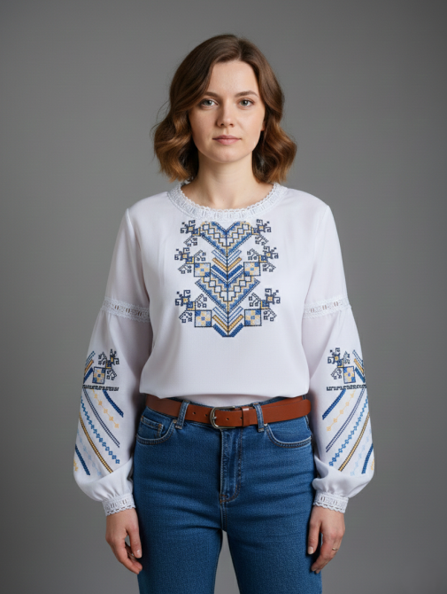 Жіноча вишиванка на домотканому полотні Дерево життя синьо-жовтий орнамент Київ - фото 1