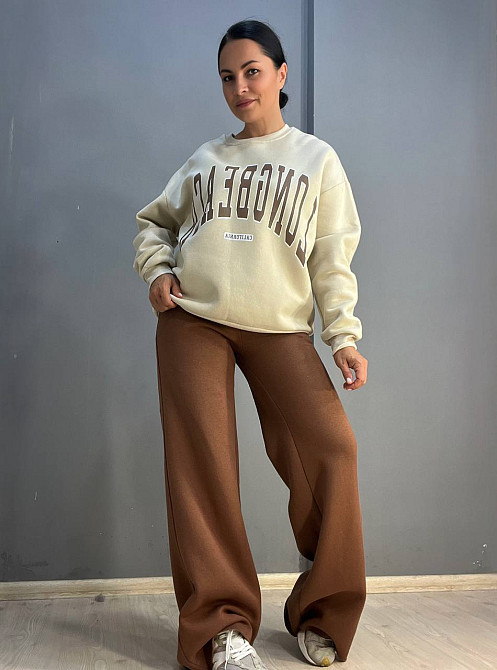 Штаны женские Quzen 388 брюки спортивные палаццо широкие свободные от бедра утепленные на флисе коричневые, коричневый, M Киев - изображение 7