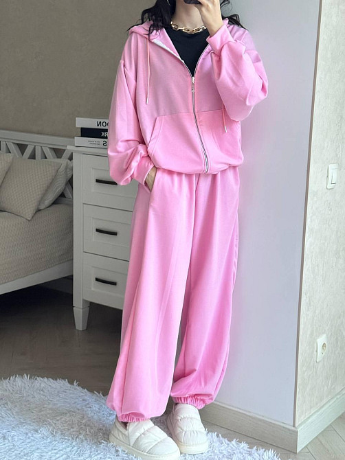 Женский прогулочный оверсайз костюм двойка: кофта и штаны двунить Розовый Одесса - изображение 1