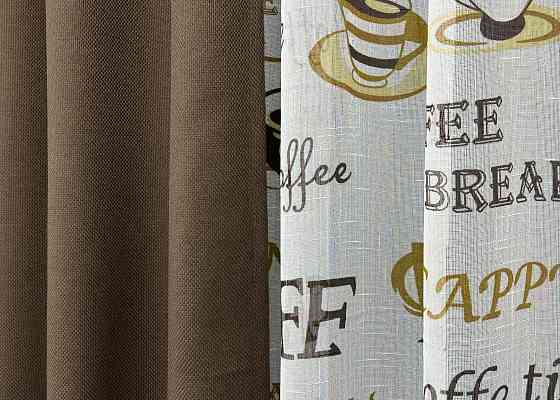 Комплект штор VR-Textil Льон Мішковина 150х270 2шт і Тюль 400х270 277ш-1858т Коричневий з білим 71-066/3 Київ