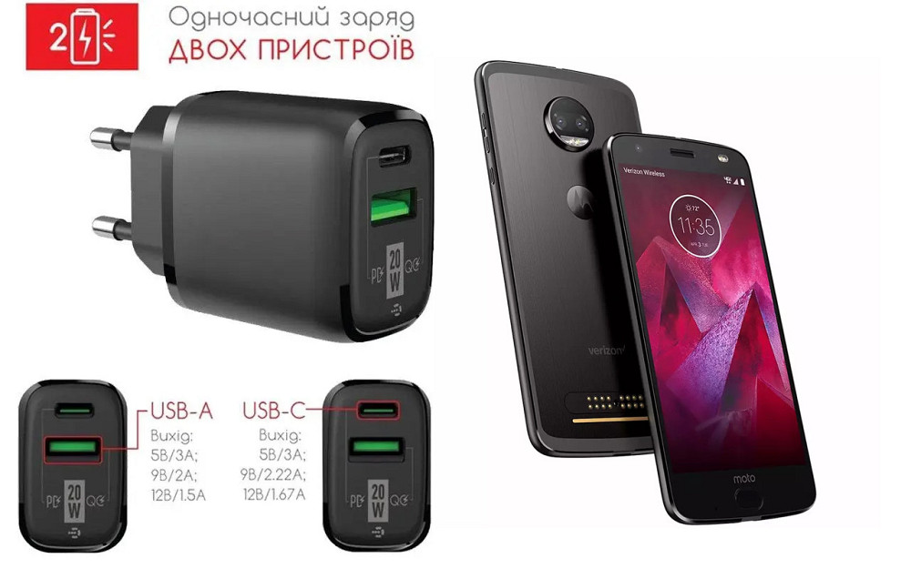 Сетевое зарядное устройство для Motorola Moto Z2 Force, 20W 3A, Quick Charge 3.0 Киев - изображение 1