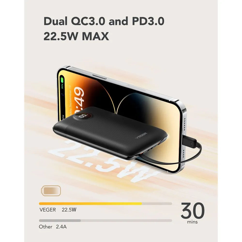 Внешний аккумулятор VEGER 10000 mAh with built-in cables Type C / Lightning PD QC3.0 2A 22,5W C11 (W1170) black Киев - изображение 9