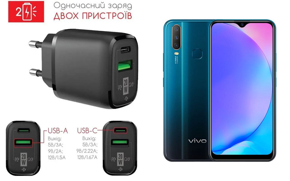 Сетевое зарядное устройство для VIVO Y17, 20W 3A, Quick Charge 3.0 Киев - изображение 1