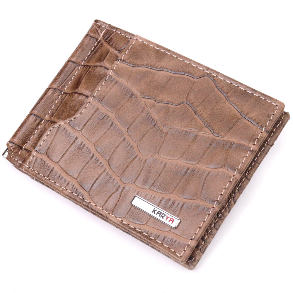Фактурний чоловічий затиск із натуральної шкіри з тисненням під крокодила KARYA 21415 Бежевий Київ - фото 1