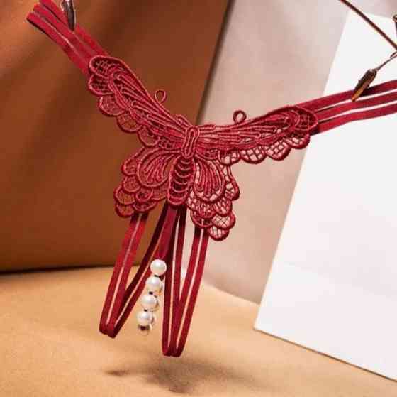 Сексуальні стрінги з метеликом та намистинками універсальний бордовий Київ