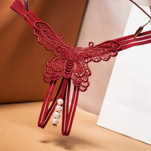 Сексуальні стрінги з метеликом та намистинками універсальний бордовий Київ - фото 1