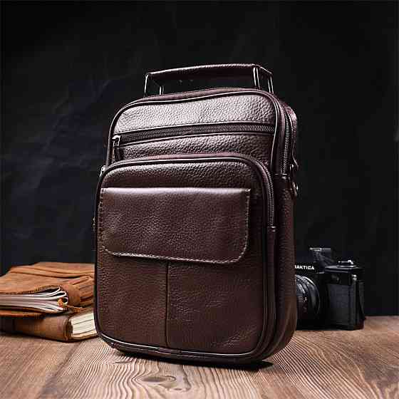 Вертикальная мужская сумка из натуральной кожи Vintage 21952 Коричневая Киев