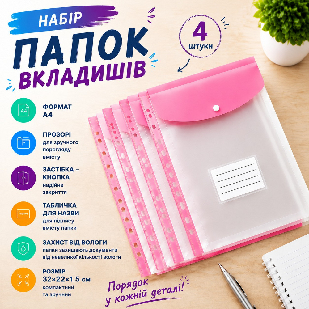 Набор папок-файлов с кнопкой для документов 4 шт формат А4 папка-конверт для фолдера папки-органайзеры прозрачные, розовый Каменец-Подольский - изображение 1