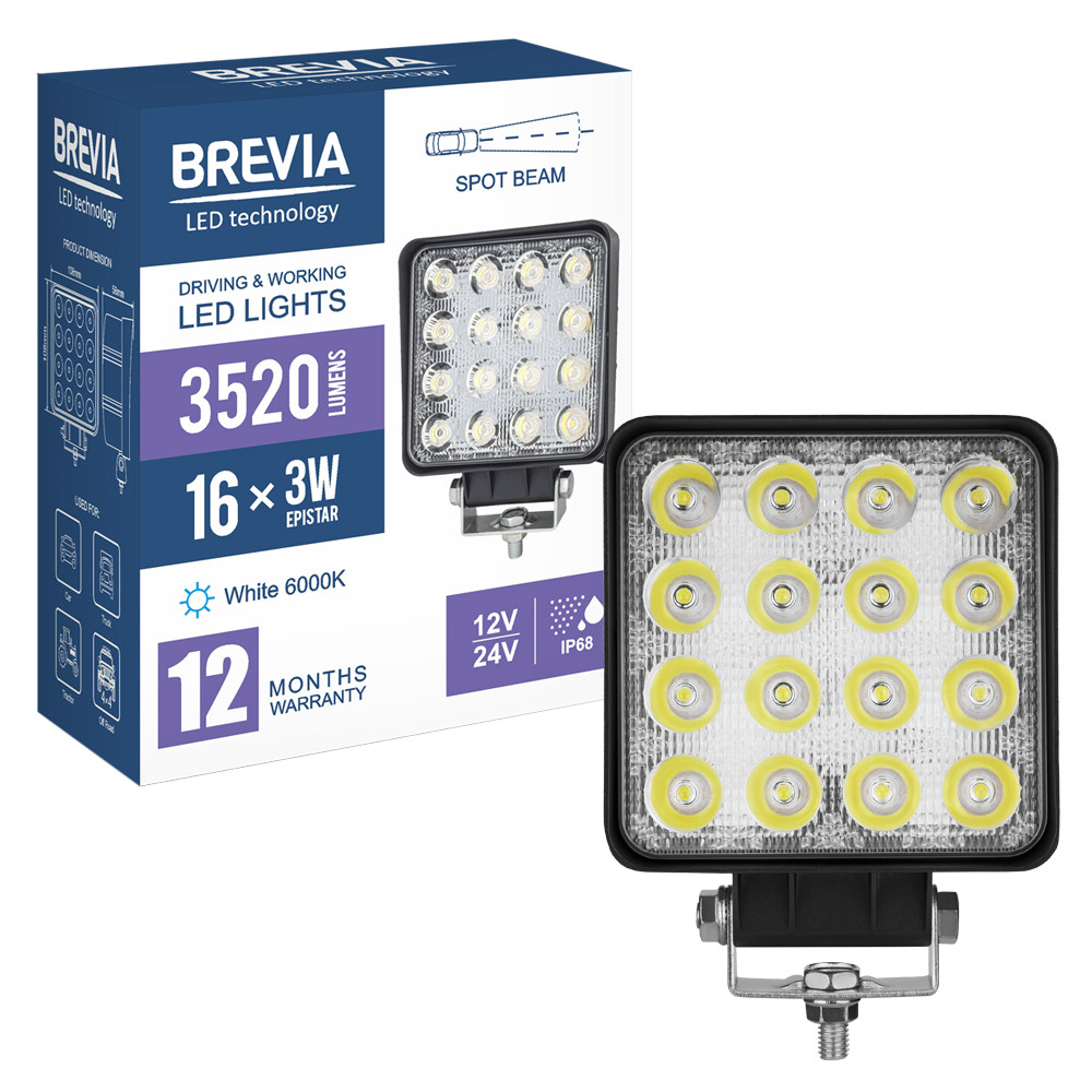 Фара светодиодная Brevia Epistar white Spot 10-30V, 48W (16x3W), 3520Lm, 1шт Львов - изображение 8