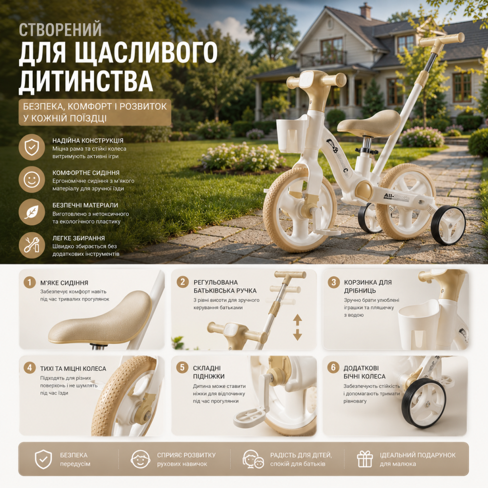 Детский беговел-велосипед AMBERZ Black со светом, музыкой и педальным приводом на переднее колесо, для детей от 2 до 5 лет Киев - изображение 4