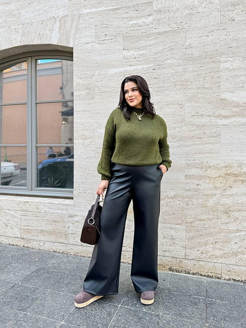 Жіночі базові штани палаццо на гумці з екошкіри Чорний, 50/52 Одеса - фото 1