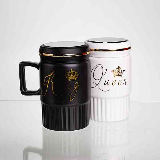 Набор парных фарфоровых чашек с крышкой 2 (шт) по 450 (мл) Черный с белым Yiwu FM-26 SBR Киев